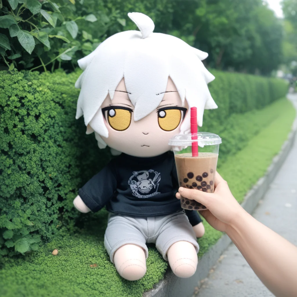 score_9_up, score_8_up, score_7_up, fumo, fumos, plushie, cute, toys, dolls, toy, fumo style, Fumo plush doll, fumo \(doll\), white hair, yellow eyes, park, holding, bubble tea, black sweater, gray shorts, 1boy, solo