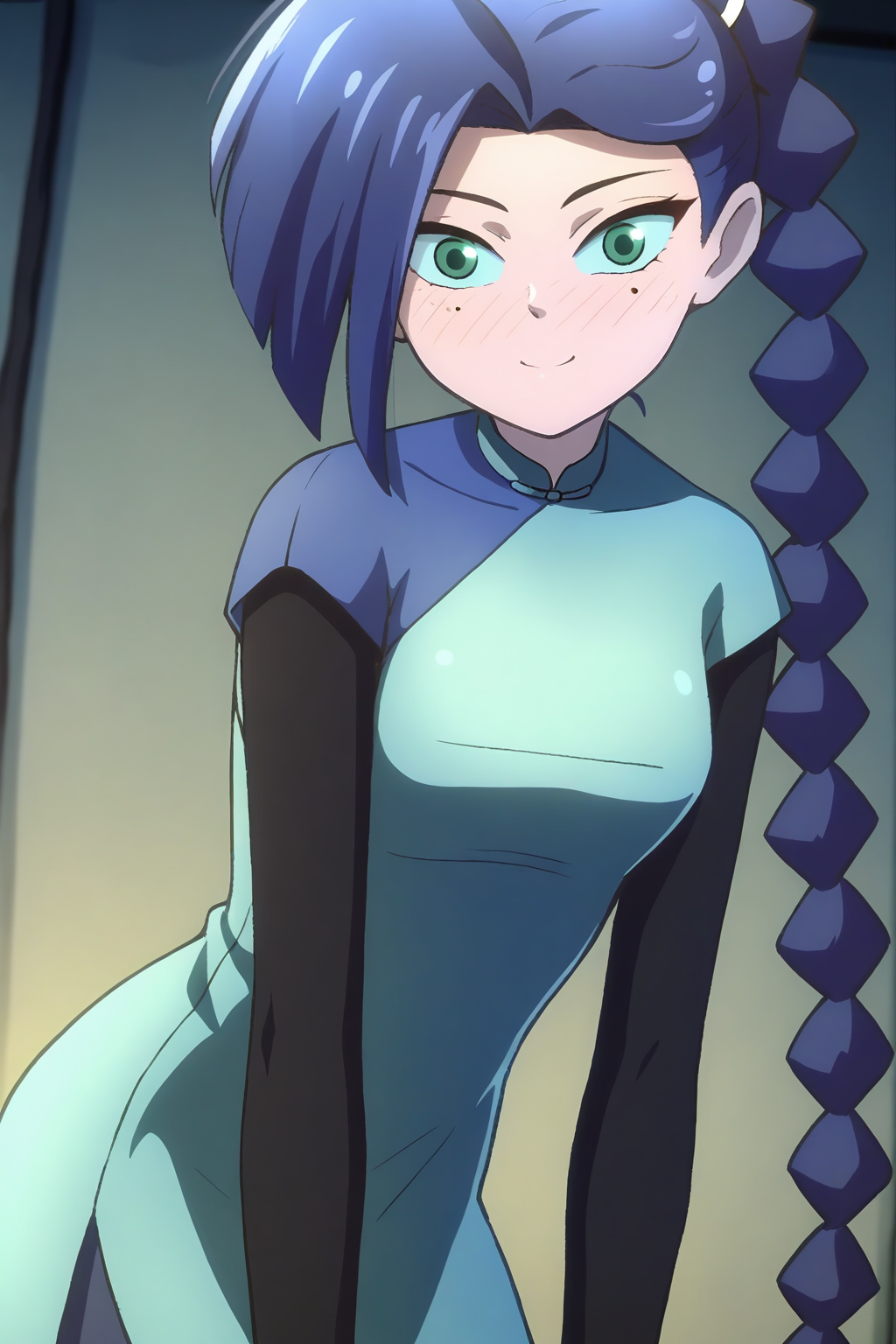 <lora:meihuashisan:1>,meihuashisan,1girl,solo,long hair,blue hair,mole,mole under eye,green eyes,
layered sleeves,short over long sleeves,braided ponytail,long sleeves,dress,blue dress,chinese clothes,braid,single braid,
smile,blush,light_blush,looking at viewer,, masterpiece,best quality,amazing quality,absurdres, anime screenshot, lazypos ,