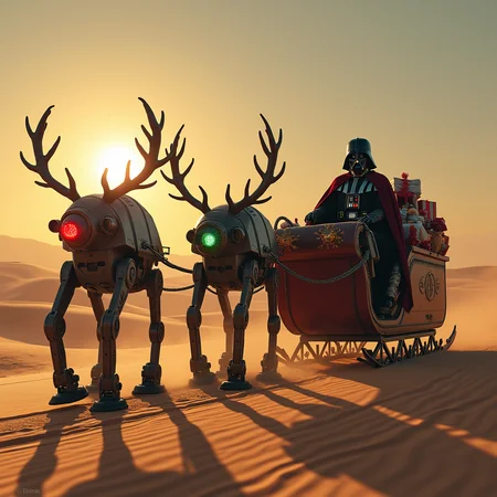 Imagine an image in the style of cinematic photorealism.
Four AT-STs, festively decorated with glowing red and green lights, march in formation across the golden sands of Tatooine, their mechanical legs leaving deep tracks in the desert. Each walker is adorned with oversized reindeer antlers mounted on their domed heads, with a glowing red "nose" light fixed to the lead AT-ST. They pull an enormous, gleaming black sleigh trimmed with Imperial insignias and lined with crimson velvet. Darth Vader sits commandingly in the sleigh, dressed as a sinister Santa, complete with a flowing black cape and a red and white fur-lined robe. Behind him, a massive sack overflows with gifts shaped suspiciously like Imperial weaponry. The twin suns of Tatooine hang low in the sky, casting long shadows and a surreal holiday glow over the desert landscape.