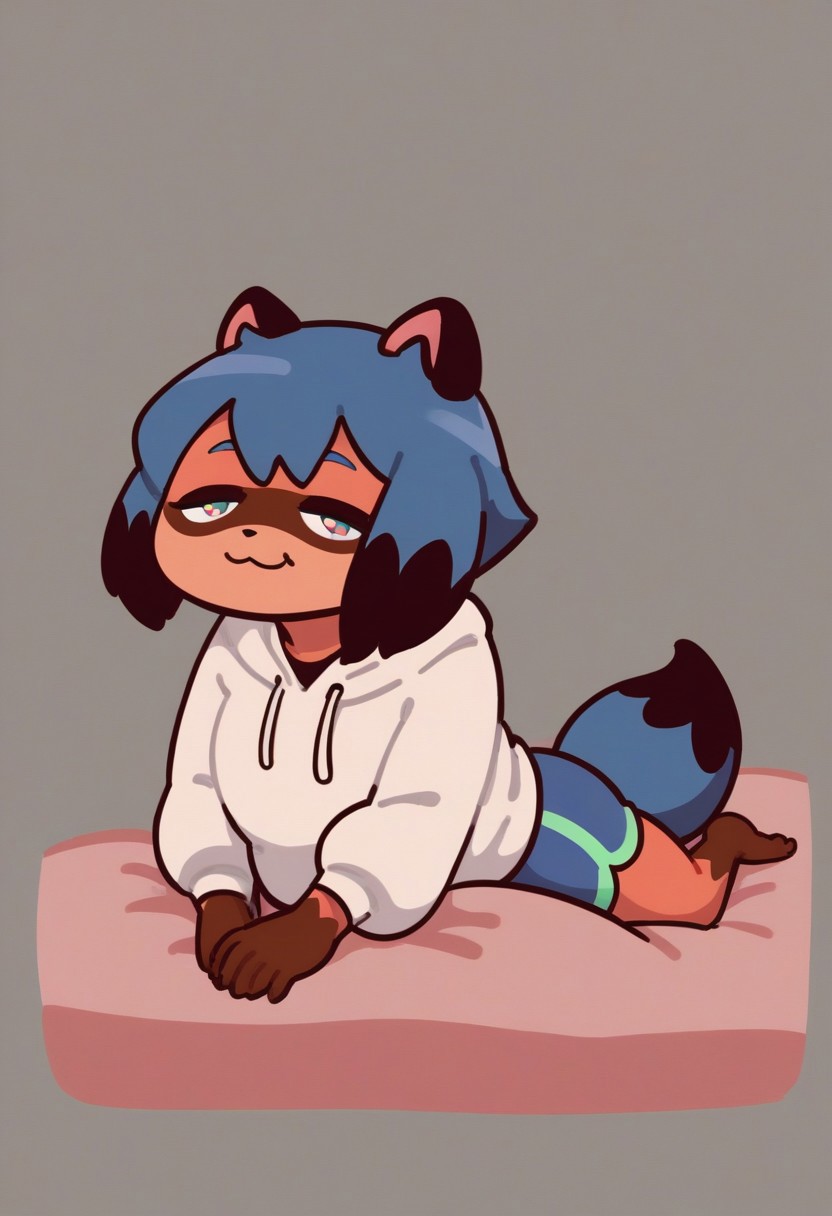 score_9, score_8_up, score_8_up, 1girl, solo, super detailed, super high resolution, fFaceDetail, sexy, cute  girl, michiru kagemori, short hair, black hair, animal ears, blue hair, multicolored hair, furry, furry female, raccoon ears, body fur, raccoon girl, raccoon tail, tail, shirt, jacket, mature female, hoodie, oversized hoodie covering hips, hoodie too big, 4 sizes bigger hoodie, no bra under clothes, oversized hoodie, cute smile, (half closed eyes:1.2), (sleepy:1.1), tired, yawning, looking at viewer, modern bedroom background, at night,  full body portrait, plump, chubby female, thick thighs, from front, Light, from behind, looking back, on stomach, on bed, white shirt, shorts, feet, no shoes, chibi