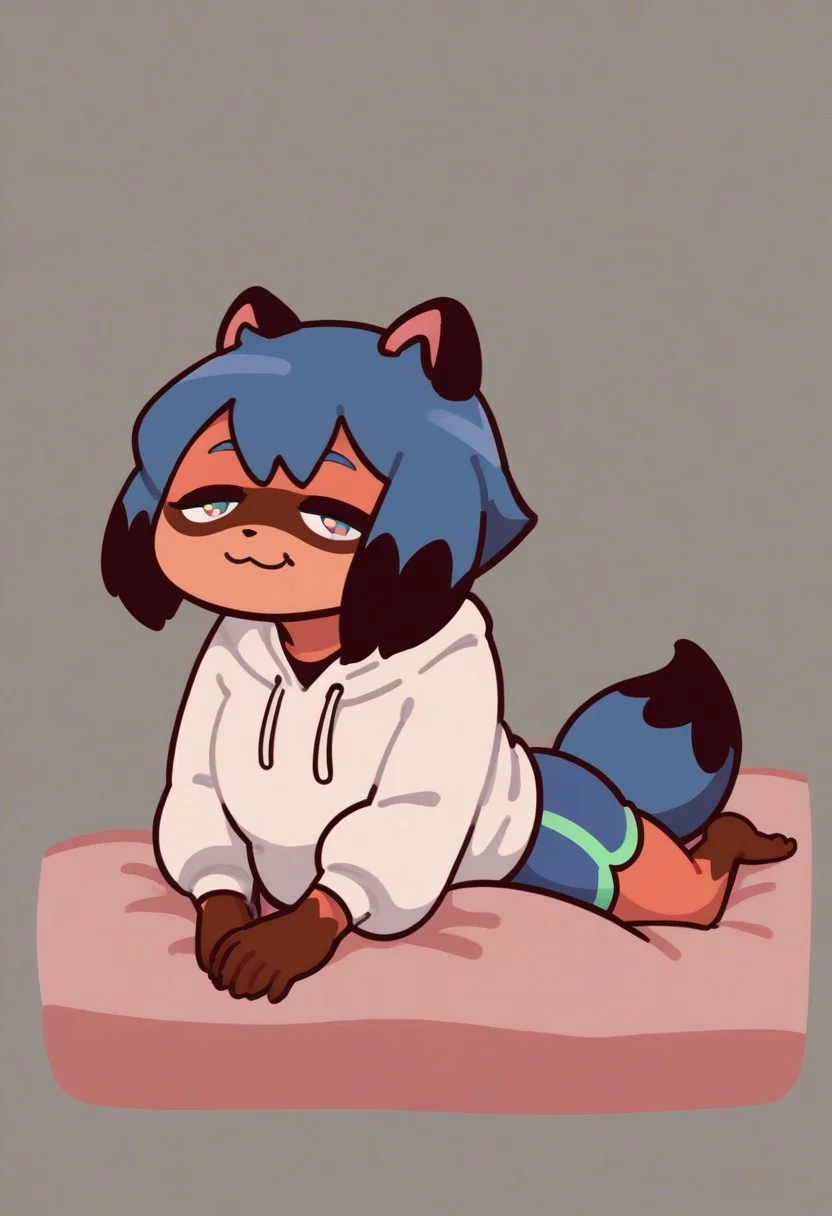 score_9, score_8_up, score_8_up, 1girl, solo, super detailed, super high resolution, fFaceDetail, sexy, cute girl, michiru kagemori, short hair, black hair, animal ears, blue hair, multicolored hair, furry, furry female, raccoon ears, body fur, raccoon girl, raccoon tail, tail, shirt, jacket, mature female, hoodie, oversized hoodie covering hips, hoodie too big, 4 sizes bigger hoodie, no bra under clothes, oversized hoodie, cute smile, (half closed eyes:1.2), (sleepy:1.1), tired, yawning, looking at viewer, modern bedroom background, at night, full body portrait, plump, chubby female, thick thighs, from front, Light, from behind, looking back, on stomach, on bed, white shirt, shorts, feet, no shoes, chibi