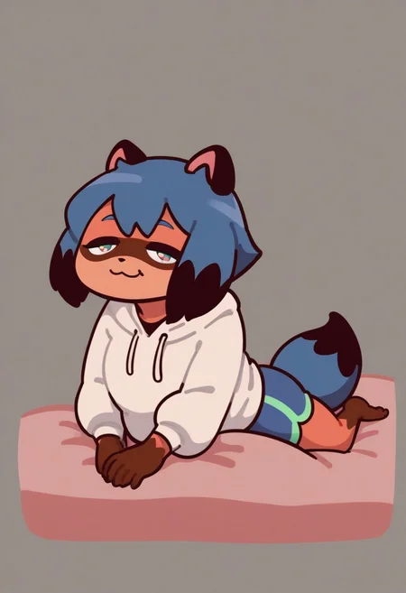 score_9, score_8_up, score_8_up, 1girl, solo, super detailed, super high resolution, fFaceDetail, sexy, cute  girl, michiru kagemori, short hair, black hair, animal ears, blue hair, multicolored hair, furry, furry female, raccoon ears, body fur, raccoon girl, raccoon tail, tail, shirt, jacket, mature female, hoodie, oversized hoodie covering hips, hoodie too big, 4 sizes bigger hoodie, no bra under clothes, oversized hoodie, cute smile, (half closed eyes:1.2), (sleepy:1.1), tired, yawning, looking at viewer, modern bedroom background, at night,  full body portrait, plump, chubby female, thick thighs, from front, Light, from behind, looking back, on stomach, on bed, white shirt, shorts, feet, no shoes, chibi