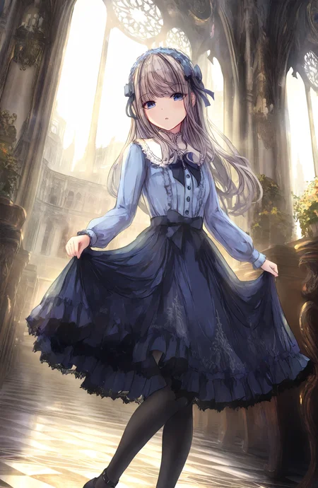 1girl, solo, long_hair, looking_at_viewer, blue_eyes, long_sleeves, dress, thighhighs, standing, pantyhose, hairband, indoors, black_footwear, blue_dress, lolita_fashion, skirt_hold