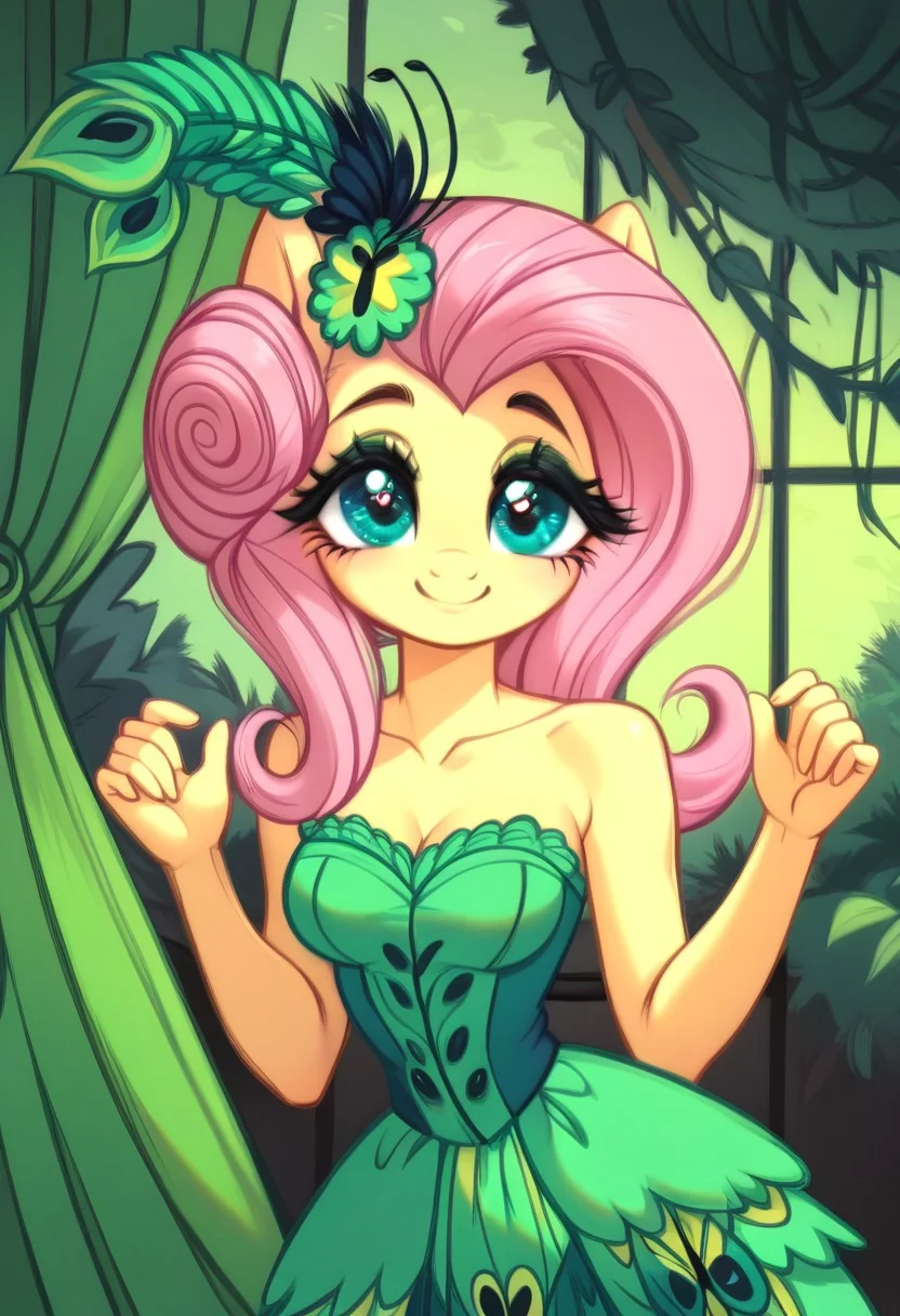 masterpiece, score_9, score_8_up, score_7_up, score_6_up, (best quality:1.1), ultra-detailed, high resolution, (solo), (1WOMAN), (ANTHROPOMORPHIC), (FLUTTERSHY) ((light pink hair:1.4)), (highly detailed styled hair:1.4), (green feather hair accessory:1.4), (beautiful detailed turquoise eyes:1.5), (soft smile:1.5), (wide cute innocent eyes:1.5), (thick lashes eyelashes:1.5), (light yellow shiny skin:1.5), (green peacock feather dress:1.5), (thin waist:1.5), (fair even breast:1.5), (five fingers:1.5), (green columns background:1.0), (green curtains:1.5), (golden hour:1.5), (soft golden lighting:1.5), (green butterflies background:1.5), (green vine leafs framing the image:1.5), (green feathers all around:1.4), (dynamic pose:1.5), high quality, sharp, the quality of ai art is frightening, highly detailed, Highly Visible, sharp focus, high detail, detailed background