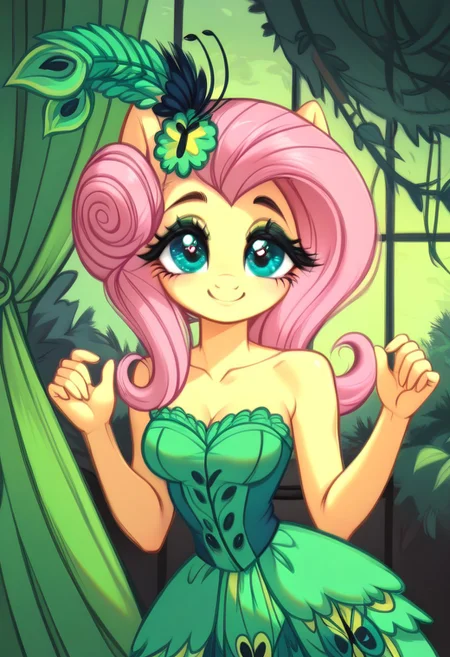 masterpiece, score_9, score_8_up, score_7_up, score_6_up, (best quality:1.1), ultra-detailed, high resolution, (solo), (1WOMAN), (ANTHROPOMORPHIC), (FLUTTERSHY) ((light pink hair:1.4)), (highly detailed styled hair:1.4), (green feather hair accessory:1.4), (beautiful detailed turquoise eyes:1.5), (soft smile:1.5), (wide cute innocent eyes:1.5), (thick lashes eyelashes:1.5), (light yellow shiny skin:1.5), (green peacock feather dress:1.5), (thin waist:1.5), (fair even breast:1.5), (five fingers:1.5), (green columns background:1.0), (green curtains:1.5), (golden hour:1.5), (soft golden lighting:1.5), (green butterflies background:1.5), (green vine leafs framing the image:1.5), (green feathers all around:1.4), (dynamic pose:1.5), high quality, sharp, the quality of ai art is frightening, highly detailed, Highly Visible, sharp focus, high detail, detailed background