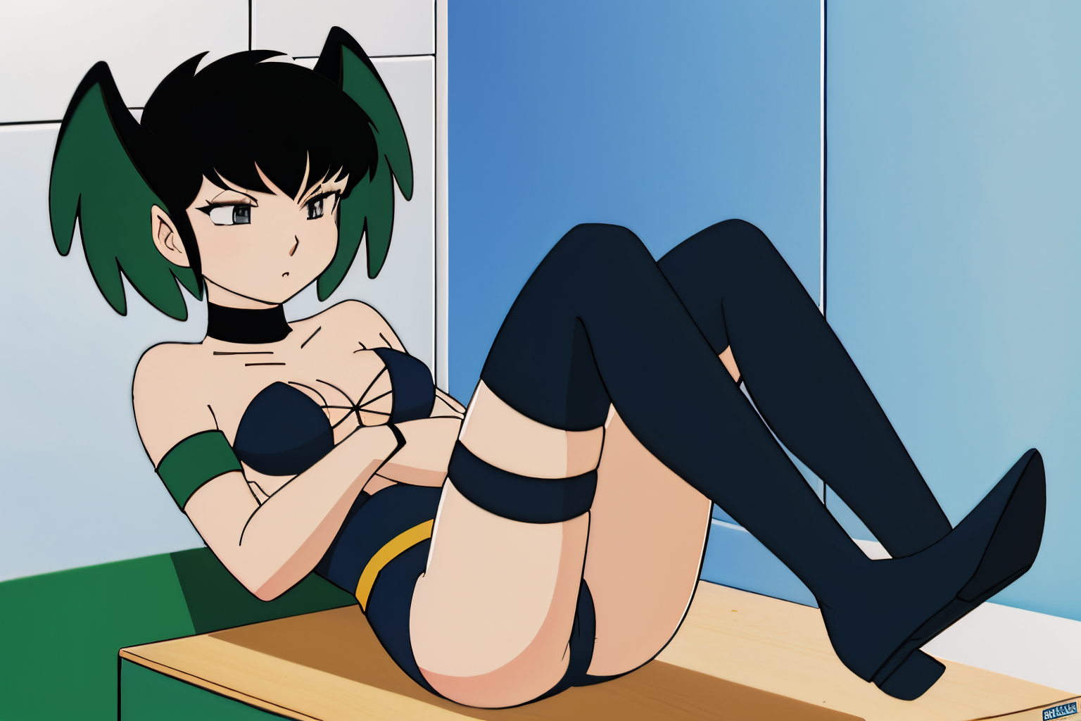 (Realistic:1.5) full body shot, 1girl, solo, looking at viewer, short hair, black hair, cleavage, bare shoulders, medium breasts, closed mouth, collarbone, black boots, indoors, black eyes, kneehighs, strapless, frown, black choker, green head wings, wristband, black leotard, strapless leotard, A breathtaking, star-filled sky that glimmers with magic and wonder.,<lora:EdobUruseiYatsuraKurama_v1.0:0.8>
