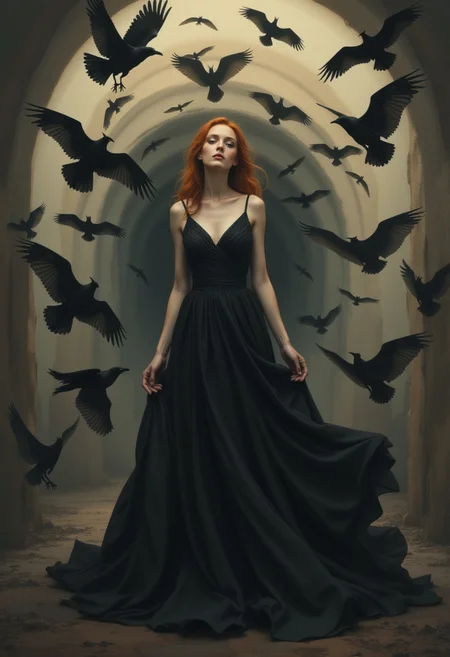 surreal scene of a thin redhead woman standing at the center of a spiraling storm of black ravens, her elegant gown seamlessly morphing into the bats in flight. Dress melting into the background. The composition merges serenity with motion, as the bats form a hypnotic vortex into a dark tunnel behind her. Rendered in soft black, muted grays, and dark golden hues, the image evokes a dreamlike sense of transformation, peace, and otherworldly beauty. The visual flow and symbolism suggest themes of inner liberation, grace, and transcendence