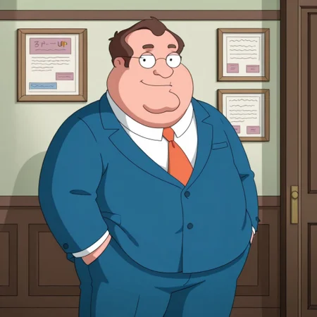 P-Shepherd, Male, mature male, obese, fat man, fat, older male, 1boy, plump,Brown hair, glasses, Blue suit, white collared shirt, orange necktie, blue dress pants, solo, hands in pockets, (looking at viewer), light smile, masterpiece,best quality,amazing quality,score_9, score_8_up, score_7_up,source_anime,BREAK,