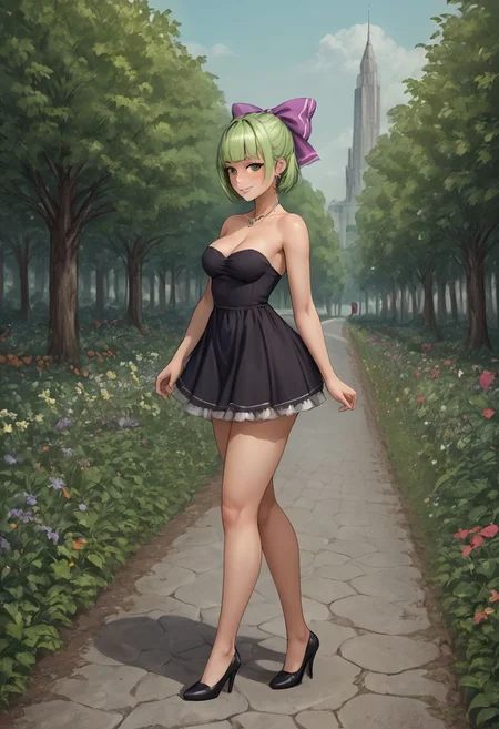 1girl, solo, bobcut, blunt bangs, light green hair, green eyes, medium breasts, hair bow, strapless dress, black dress, upskirt, lace trim, white lace, full body, cleavage, necklace, earrings, outdoors, garden, trees, cityscape, smug smile, slight blush, freckles,
Green Hair Bow Girl