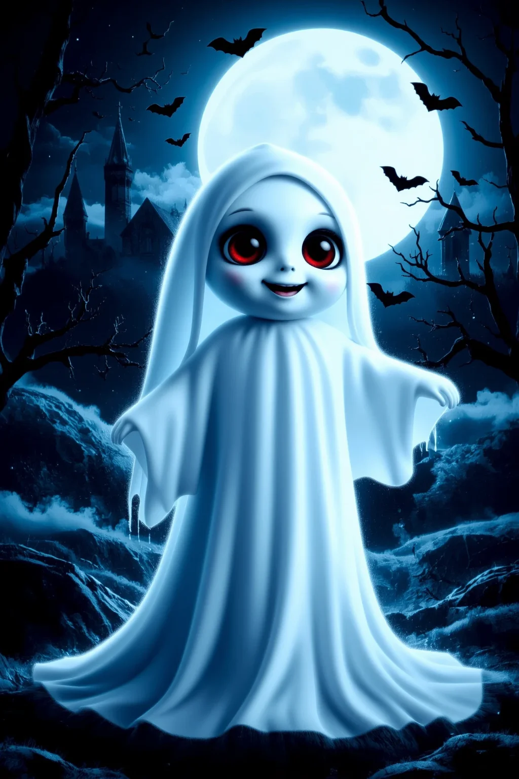 cute, halloween night, horror, (bats), moon in the sky, portrait, (standing:1.2), happy smiling, red eyes,(very detailed), best quality, sharp focus, Light blue ghostly white gown, hanging cobwebs, vintage horror, light drizzle under moonlight, red glowing eyes in the dark, ethereal lights, backlight, shadows, high contrast, hdr, <lora:Anti-Blur:0.8> <lora:Hand v2:0.8> Detailed hand, Hand, Perfect hand <lora:aidmaImageUpgrader:0.8> aidmaimageupgrader <lora:PinkieChibiHalloweenFLUX:0.8> pinkchibihalloween