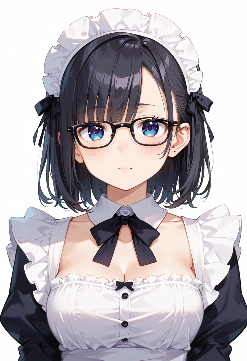 score_9, score_8_up, score_7_up, rating_safe, masterpiece, best quality, absurdres, unity 8k wallpaper, official art, official style, source_anime, uncensored, game cg, megami magazine,
1girl, solo, black hair, medium hair, upper body, covered eyes,maid, maid headdress, black dress, maid apron, face focus,
Wellington24S, glasses, white background, simple background, black-framed eyewear
 <lora:glasses_Wellington24S_PONY_V1:1>