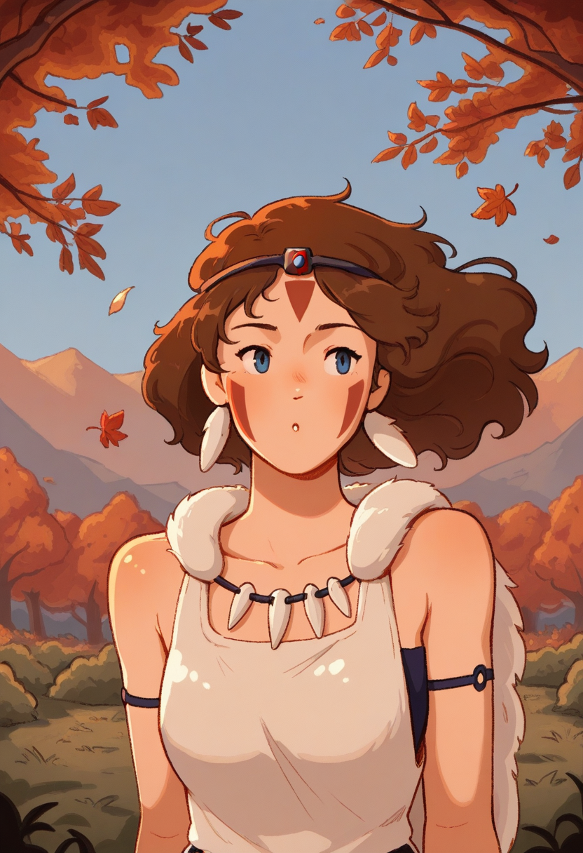 WhimsiFantasystyle,  masterpiece, best quality,  princess mononoke, blue eyes, tribal clothing, autumn leaves falling,  trees, bushes,  area, blue sky, bust shot, wind blowing hair,   warm colors,