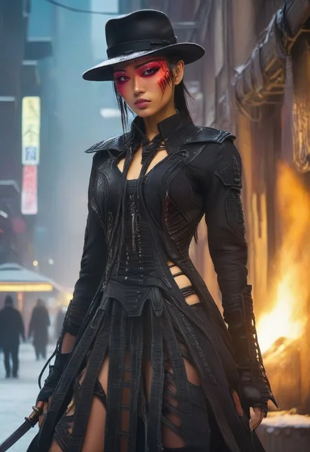 ((masterpiece, best quality, highly detailed)), cowboy shot, an asian skinned woman, stunning looks, demobaza, demobaza, The Hateful Eight film style, ((tall hat:1.3)), ((swords, (((flaming sword))), cyber sword in each hand, sword in both hands:1.5)), wearing an unusual dress, black combat boots, in the city, cyber punk background, neon lights, short hair, brown eyes, demobaza, cyberpunk style, cyberpunk