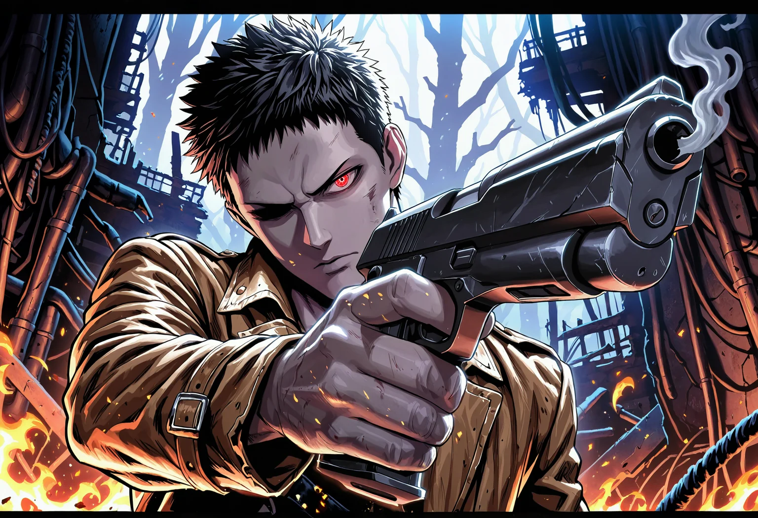 masterpiece, best quality, newest, absurdres, highres, very awa, 1boy, male, male focus, zombieman, grey skin, red eyes, solo, weapon, gun, fire, letterboxed, aiming at viewer, smoke, aiming, holding weapon, holding, handgun, glowing, holding gun, glowing eye, jacket, glowing eyes, looking at viewer, upper body, orange jacket