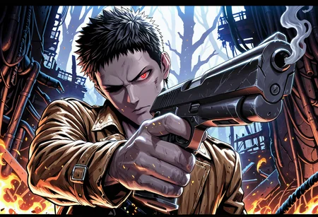 masterpiece, best quality, newest, absurdres, highres, very awa, 1boy, male, male focus, zombieman, grey skin, red eyes, solo, weapon, gun, fire, letterboxed, aiming at viewer, smoke, aiming, holding weapon, holding, handgun, glowing, holding gun, glowing eye, jacket, glowing eyes, looking at viewer, upper body, orange jacket