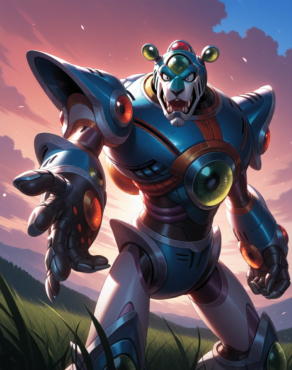 <lora:Neon_Tiger_(Mega_Man_X)_(Illustrious)_(AD):1.35> Neon Tiger, reploid, MMX, 
exterior, sky with clouds, grassy valley,
male focus, intense shadows, dynamic shadows, intricate details, attention to details, gradient coloring, bright vivid colors, robot, bent leg, glossy metal body, cowboy shot, 
BREAK very awe, masterpiece, best quality, amazing quality, very aesthetic, highres, absurdres, photographic realism, 8K CGI render,
EZRealPONYXL, zPDXL, Smooth Quality, lazynsfw,