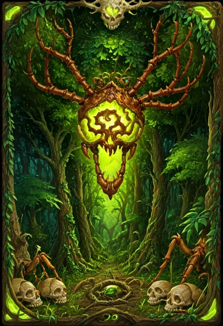 Vintage comic book with title text: "All The Things That Crawl", Card, Tarot, graphic border, Illustrative, Dark atmosphere, Rot, forest, insects, green, black, skull, tree
score_9, score_8_up, score_7_up,