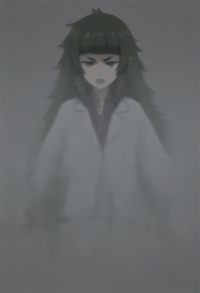 masterpiece, best quality, amazing quality,,, shiny skin,,,,<lora:maho:1>,maho,green hair,very long hair,green eyes,thick eyebrows,v-shaped eyebrows,messy hair,short eyebrows,blunt bangs,black shorts,lab coat,
