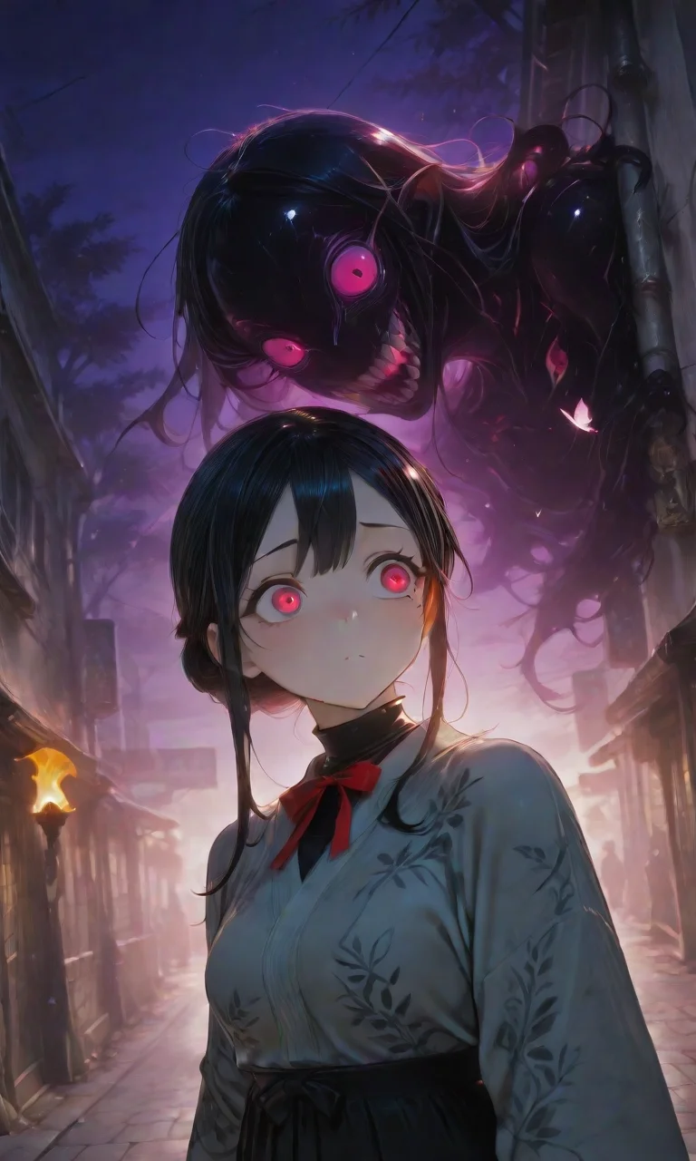 <lora:LCMV2-PONYplus-PAseer:1>
<lora:illustriousXL_stabilizer_v1.72:1>
<lora:DetailedEyes_V3:1>
<lora:Nightmare_Paralized_IL:1>
1girl, black hair, black skirt, brown footwear, checkered, eldritch abomination, glowing, glowing butterfly, glowing eyes, hair bun, kimono, long hair, long sleeves, looking at viewer, mole, mole under eye, neck ribbon, night, outdoors, red bowtie, road, sidelocks, silhouette, skirt, sky, solo, street, torch, tree, turtleneck, upper body