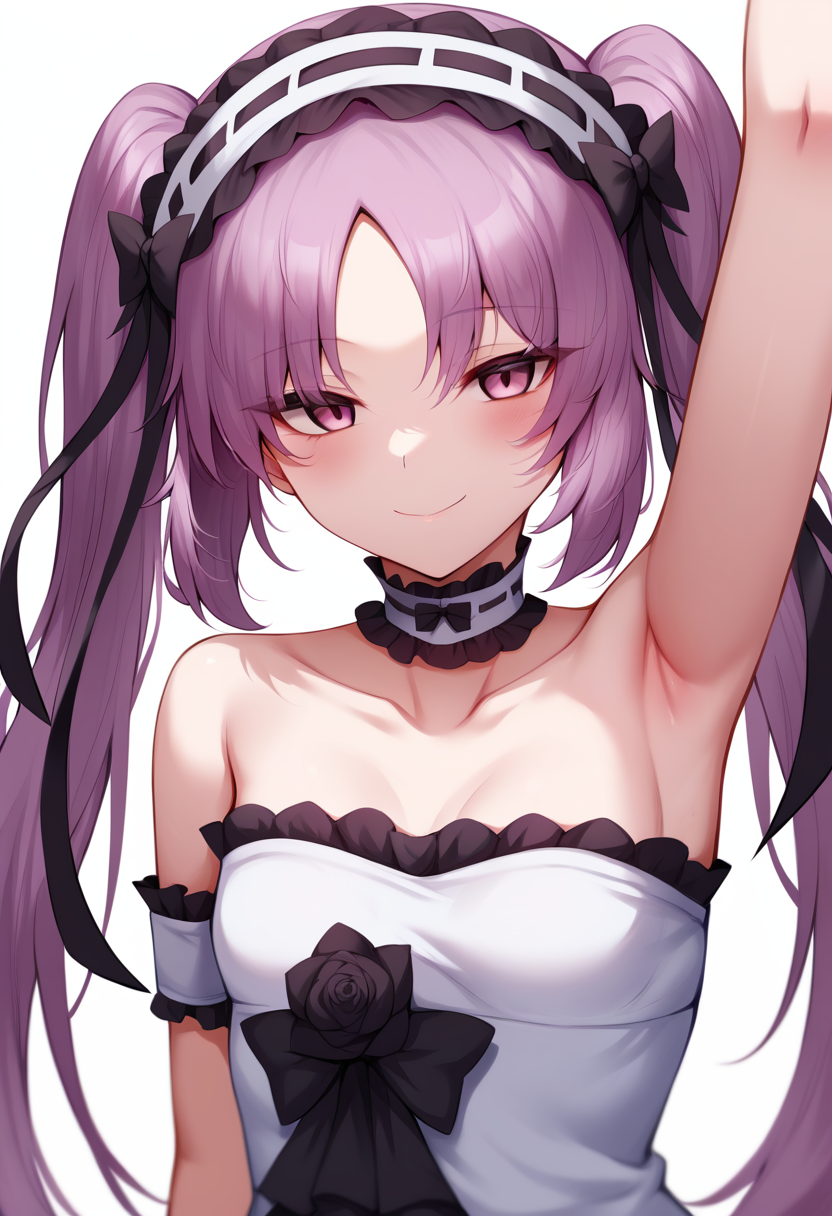 score_9,score_8_up,score_7_up,<lora:fate_hollow_ataraxia_all:1>,1girl, arms_up, bad_id, bad_pixiv_id, bare_shoulders, black_bow, black_rose, closed_mouth, collarbone, commentary_request, frilled_choker, frilled_hairband, hair_between_eyes, highres, parted_bangs, pink_hair, purple_eyes, ribbon-trimmed_hairband, ribbon_trim, small_breasts, smile, solo, stheno_\(fate\), strapless_dress, twintails, very_long_hair, white_choker, white_dress, white_hairband