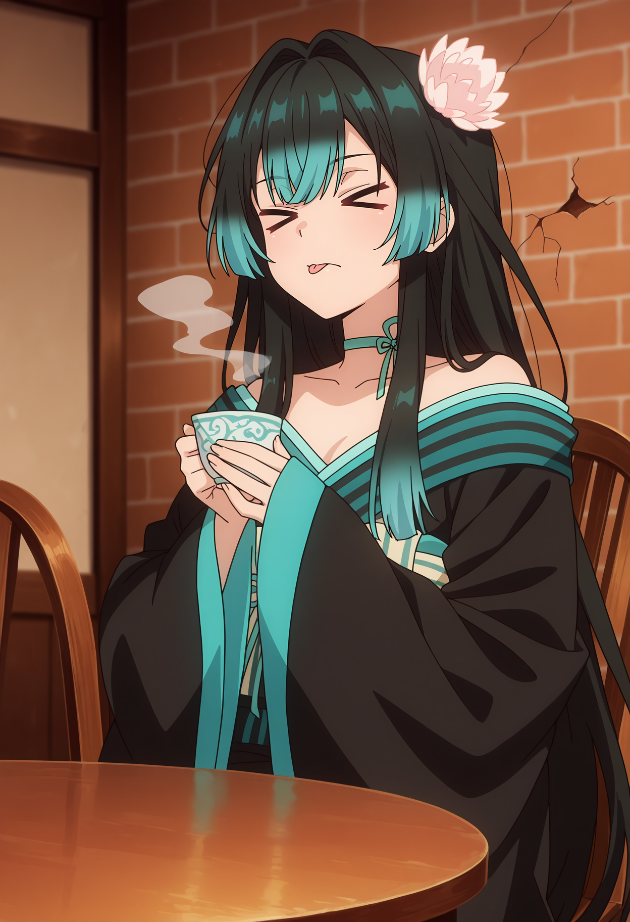 anime screencap, masterpiece, best quality,
<lora:YamiHealer_Carmilla_IlluXL:0.9>,
1girl, solo, closed mouth, > <, tongue,
long hair, hair intakes, multicolored hair, black hair, aqua hair, hair flower,
off shoulder, black kimono, aqua trim, ribbon choker, aqua choker, sash, sleeves past wrists,
holding cup, teacup, steam,
sitting, looking at viewer,
indoors, brick wall, crack, table, chair, brown background, blurry background