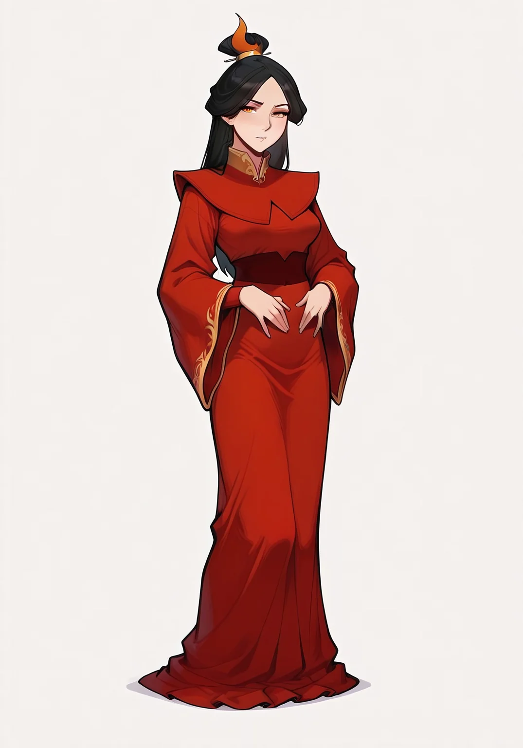masterpiece, best quality, absurdres, amazing quality, score_9, score_8_up, source_anime, ExpresHGothicNeonIncase,
1girl, solo, full body,
ursa, medium breasts, clothed, red hanfu, red dress, wide sleeves, long sleeves,
standing, looking at viewer,
simple background, white background