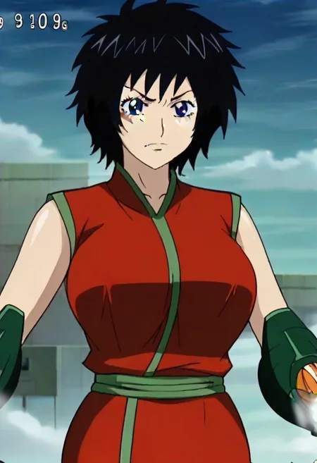 short black hair, blue eye, Scar on right cheek, red sleeveless outfit with green trim,, ,,,,,anime coloring, anime screencap , 1girl,Solo ,, anime,,PUFFY nipple,huge breasts,,, official art,,Uncensored ,Unedited ,,,, ,, ,, , ,,, ,, , ,,,