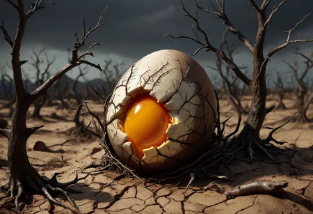 cracked earthen Easter egg, thick viscous yolk seeping out, monstrous embryonic shadows writhing within, skeletal claws, sharp teeth silhouettes, barren wasteland, twisted trees, dying moonlight, photorealistic details, hyperrealism, dark fantasy, horror