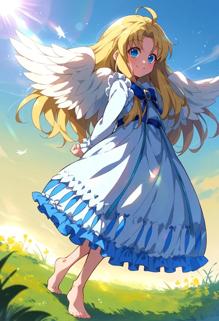 score_9, score_7_up, source_anime, BREAK solo, smile, arms behind back, leaning to the side, <lora:AEFilo-000009:0.9> AEFilo, blue eyes, blonde hair, ahoge, long hair, white wings, blue bowtie, white dress, frilled dress, frilled sleeves, long sleeves, barefoot, bare legs, blue sky, sunlight, sunbeam, lens flare,