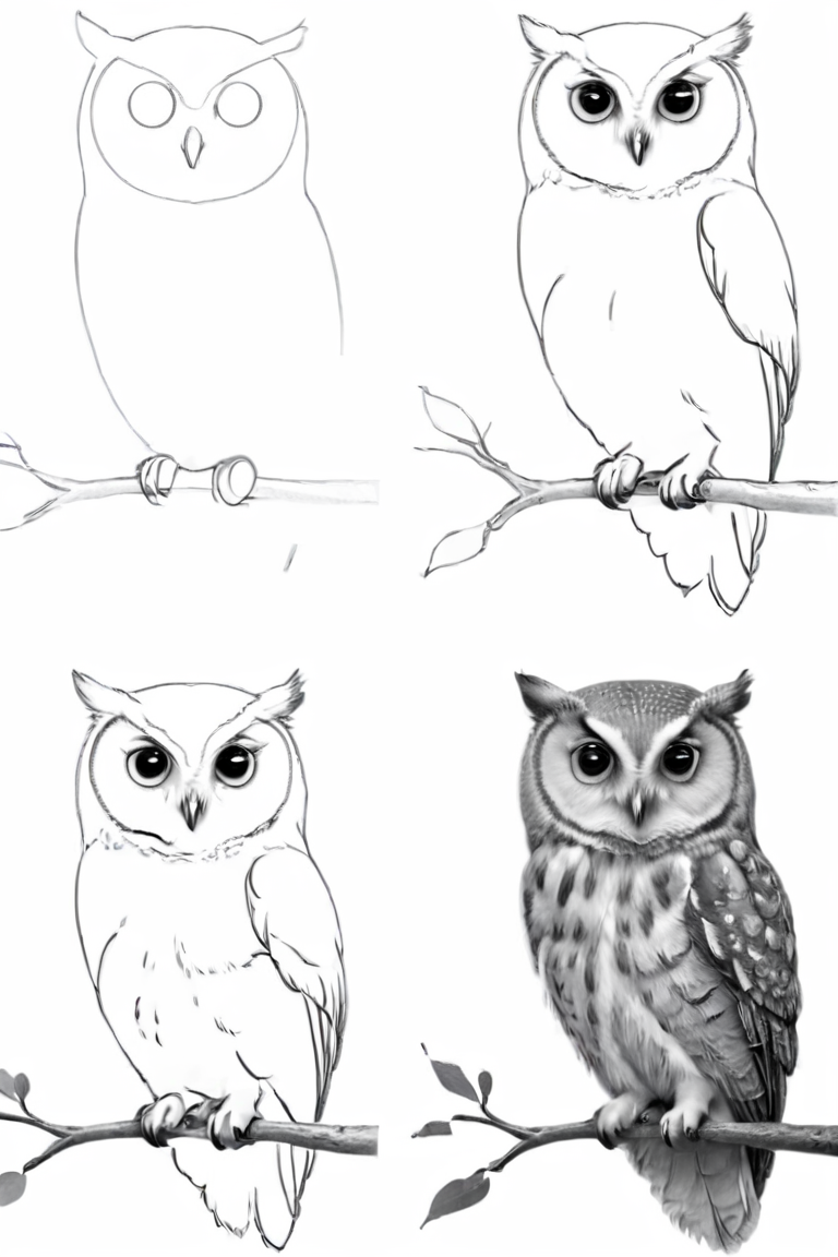 <lora:How_to_draw_step_by_step_2:1> howtodraw, greyscale, 4 steps, owl, on a branch,