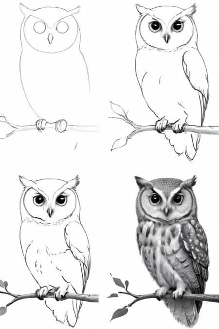 <lora:How_to_draw_step_by_step_2:1> howtodraw, greyscale, 4 steps, owl, on a branch,