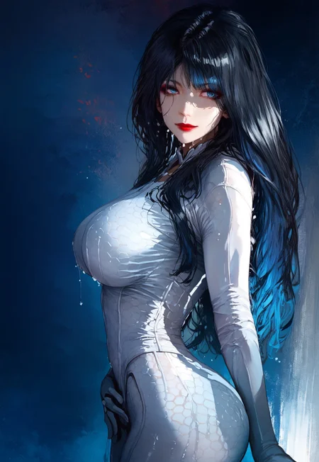 safe_pos, score_9, score_8_up, score_7_up, closeup, dramatic light, full body view,
1girl, long hair, bangs, blue eyes, large breasts, black hair, blue hair, multicolored hair, gradient hair, red lipstick,
1awsonsu1t, bodysuit, tight, white trim,
dripping wet, temple background, focus from side, naughty smile, looking at viewer, arched back,
LLDN, watercolor,