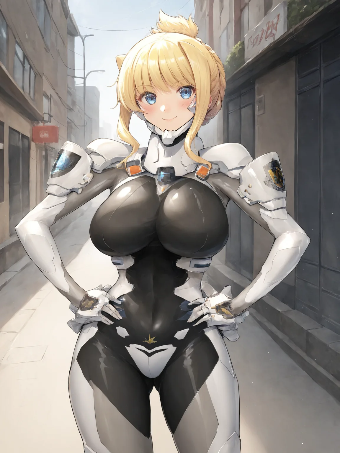 score_9, score_8_up, score_7_up, zPDXL, zPDXLpg, <lora:offset_0.2:0.1>, <lora:spo_sdxl_10ep_4k-data_lora_webui:1>,
1girl, solo,
germanfortifiedsuit, <lora:German_Fortified_Suit_v2:1>,
ilfriede von feulner, blonde hair, blue eyes, folded ponytail, single hair bun, sidelocks, large breasts,
smile, blush, looking at viewer, hands on own hips, cowboy shot, (facing viewer:1.1), ass visible through thighs,
outdoors, city, street