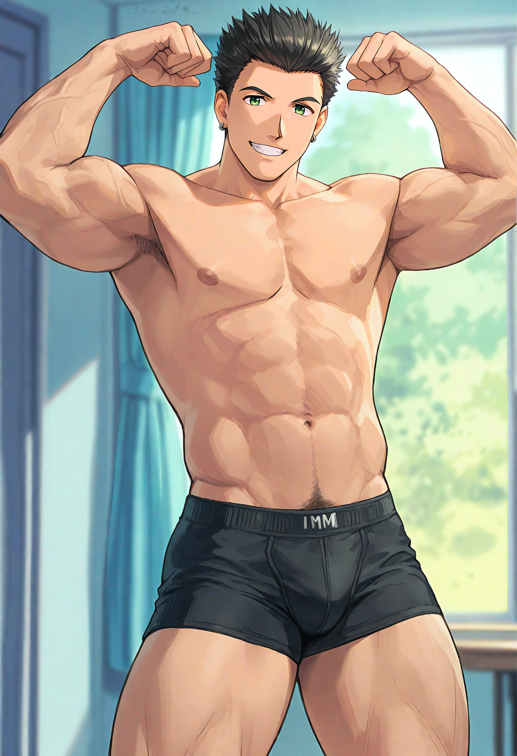 <lora:Masaki_Motoharu:1>,mm4s4k1,black_mm4s4k1_hair,green_mm4s4k1_eyes,1boy,male focus,solo,earrings,
opless male,double biceps pose,(navel hair:0.7),biceps,veiny arms,black male underwear,looking at viewer,grin,
blurry background,
masterpiece,very awa,best quality,amazing quality,absurd res,hi res,highres