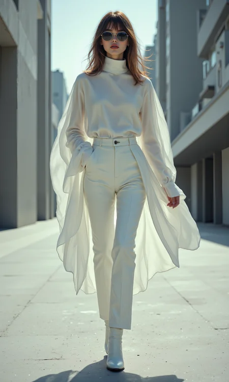 A stylish 1970s editorial featuring Jane Birkin in a minimalist Courrèges dress, characterized by clean lines, a monochrome palette, and a futuristic silhouette. The outfit consists of a high-necked tunic and straight-cut trousers, paired with white boots and oversized sunglasses. The backdrop is a sleek, modern cityscape, with muted tones and soft, ambient lighting. Photorealistic, sharp details, ultra-high resolution. <lora:FLUX.1-DEV_-_Wild_1970s_Fashions_LoRA:0.8>, <lora:midjourney_whisper_avant_couture_v01:0.6>,
break
perfectly smooth jawline, no cleft chin, soft and defined chin, symmetrical and elegant facial features, well-balanced proportions, delicate and flawless face, smooth skin texture, sharp yet gentle jawline, natural beauty, high cheekbones, soft jaw curves, sleek, even facial structure, harmonious face symmetry, no dimples or clefts, clean and graceful profile, refined and polished appearance, seamless jawline transition, fine facial detail,
break
elegant twist pose, on the runway, looking ahead, from below, even framing, fullbody shot, low angle for dynamic view, ruffled clothing, gazing into the distance,
break
8k, ultra photorealistic, monochrome with subtle highlights, intricate clothing textures, soft shadows, high contrast with cinematic lighting, minimal lens flare, soft focus on key outfit details, fine grain, nostalgic film effect, wide depth-of-field for a refined art editorial finish. aidmafluxpro1.1, <lora:aidmaFluxPro1.1Stylev0.2:0.7>, midjourney_whisper, <lora:midjourney_whisper_flux_lora_v01:0.5>, velvet_myst, <lora:Midjourney_Whisper_Chromaplex_Velvet_Myst_v01:0.2>,