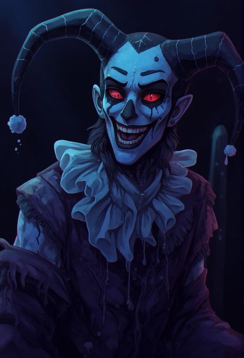 <lora:ck-LttleGhost-000011.safetensors:1> in the style of ck-lttlegh0stA haunting portrait of a jester, painted in eerie blues and reds, with twisted smile and mesmerizing red eyes. The artist masterfully captures the unsettling atmosphere, with the subject's cadaverous face and tattered motley adding to the chilling effect.