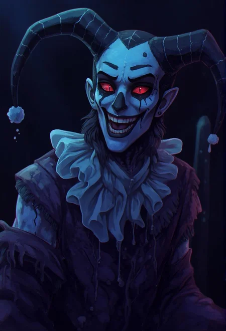 <lora:ck-LttleGhost-000011.safetensors:1> in the style of ck-lttlegh0stA haunting portrait of a jester, painted in eerie blues and reds, with twisted smile and mesmerizing red eyes. The artist masterfully captures the unsettling atmosphere, with the subject's cadaverous face and tattered motley adding to the chilling effect.