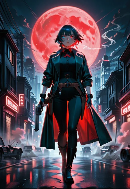 (masterpiece, best quality, absurd res, detailed, amazing quality, vivid colors, newest, very aesthetic, highres), dim light, dust wind, night, blood moon, cloudy sky, walking, city, cowboy shot,
heterochromia, , boots, waistcoat, dress_shirt, tailored pants, coat, fingerless gloves, belts, holster, revolver, night, revolver, reloading, holding weapon, charm \(jewelry\), smoking_barrel, holding gun,