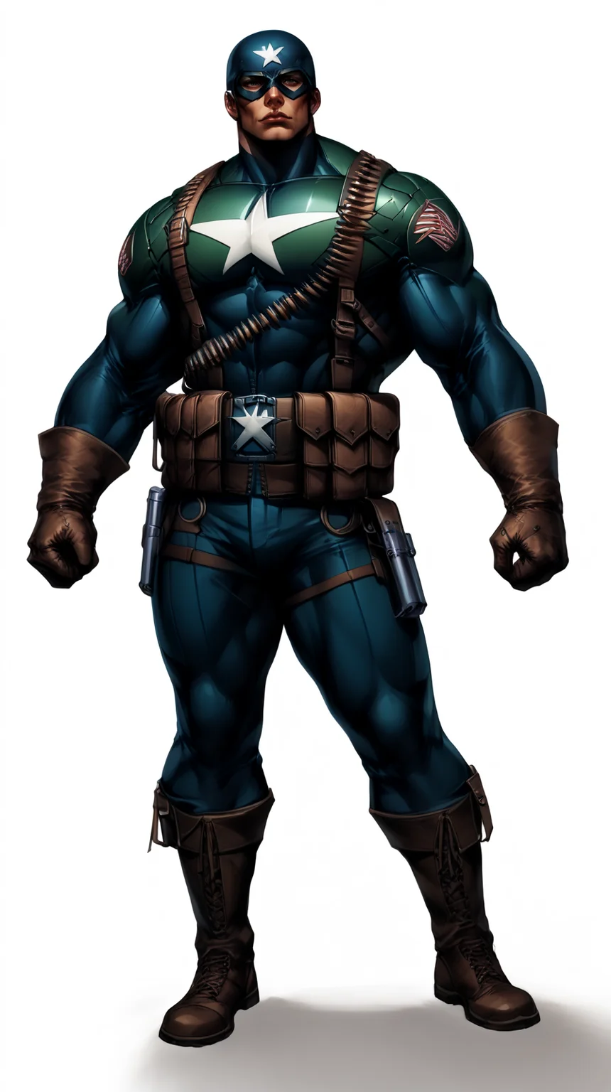 score_9, score_8_up, score_7_up, a man with a strong jaw in a tactical navy blue (muscled superhero costume with green armored highlights:1.2), (m1 helmet:1.4), (superhero domino mask:1.2), leather gloves, laced combat boots, bullet bandolier across his chest, gunslinger belt, huge biceps, (white background:1.2), character design, concept art, detailed face, high Detail, Sharp focus, dramatic, (full body shot:1.2), (solo:1.2), <lora:ArtgermLycoXL:0.5> <lora:c0rb3nXLP:0.5> c0rb3n <lora:detailed_hands:1> hands, <lora:ComicsPonyXL_V2:0.7> Comistyle  <lora:WW2_Superhero_Costume:1>