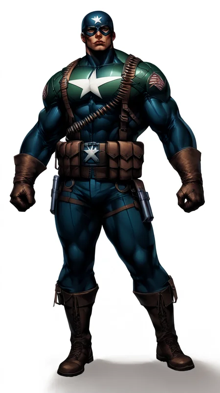 score_9, score_8_up, score_7_up, a man with a strong jaw in a tactical navy blue (muscled superhero costume with green armored highlights:1.2), (m1 helmet:1.4), (superhero domino mask:1.2), leather gloves, laced combat boots, bullet bandolier across his chest, gunslinger belt, huge biceps, (white background:1.2), character design, concept art, detailed face, high Detail, Sharp focus, dramatic, (full body shot:1.2), (solo:1.2), <lora:ArtgermLycoXL:0.5> <lora:c0rb3nXLP:0.5> c0rb3n <lora:detailed_hands:1> hands, <lora:ComicsPonyXL_V2:0.7> Comistyle <lora:WW2_Superhero_Costume:1>