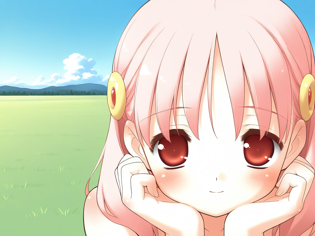 general,highres, ultra-detailed,very aesthetic,best quality ,best hands,  BREAK <lora:Kiriyama_Sakura_IS:1> KiriyamaSakura, solo, pink hair, red eyes, hair ornament,  face close up, down arms,
grass, sky,
