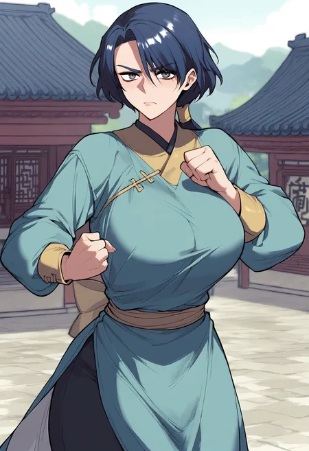 score_9, score_8_up, score_7_up, score_6_up, source_anime, rating_explicit, 1girl, solo, huge breasts, <lora:Nangong Soyu prefectPonyxl:0.85> low ponytail, hair tube, blue hair, long hair, grey eyes, short hair, chinese clothes, blue dress, long sleeves, sash, black pants, serious, village, outdoors, looking at viewer, fighting stance, clenched hand, east asian architecture