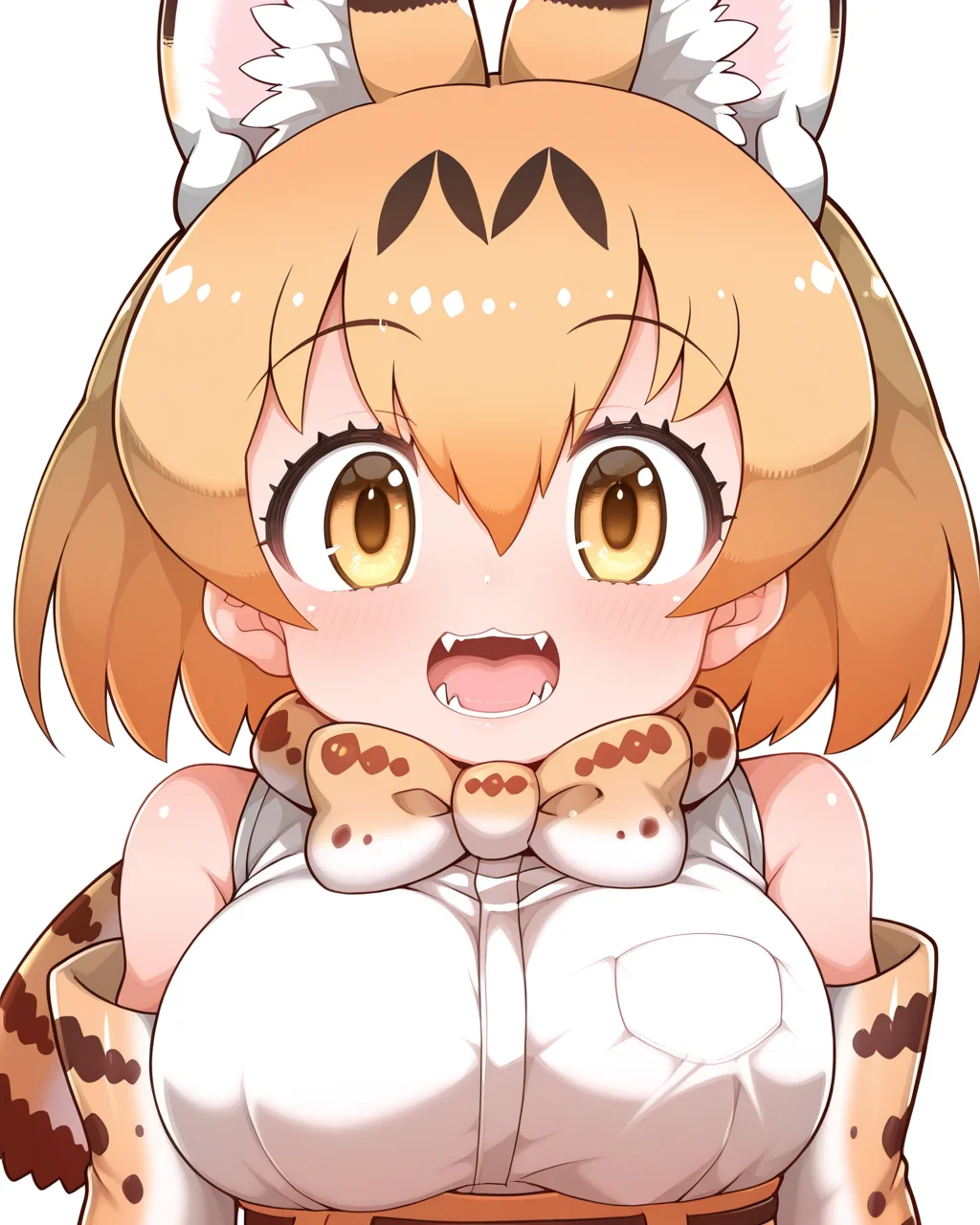 1girl, solo, serval \(kemono friends\), animal ears, blonde hair, yellow eyes, serval print, print legwear, print gloves, elbow gloves, print bowtie, tail, sleeveless shirt, high-waist skirt, fangs, tanaka kusao, shikoripa, looking at viewer, upper body, simple background, white background, masterpiece, best quality, very aesthetic, absurdres