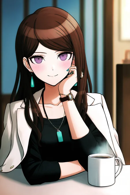 <lora:dangansprite2:0.8>, dangansprite, 1girl, solo, jewelry, earrings, long hair, cup, looking at viewer, collarbone, jacket on shoulders, wristwatch, long sleeves, nail polish, closed mouth, brown hair, jacket, blurry background, watch, pov across table, purple eyes, smile, indoors, table, coffee, upper body, shirt, fingernails, blush, depth of field, sitting, head rest, halterneck, mug, hand on own face, coffee mug, black shirt, bracelet, steam