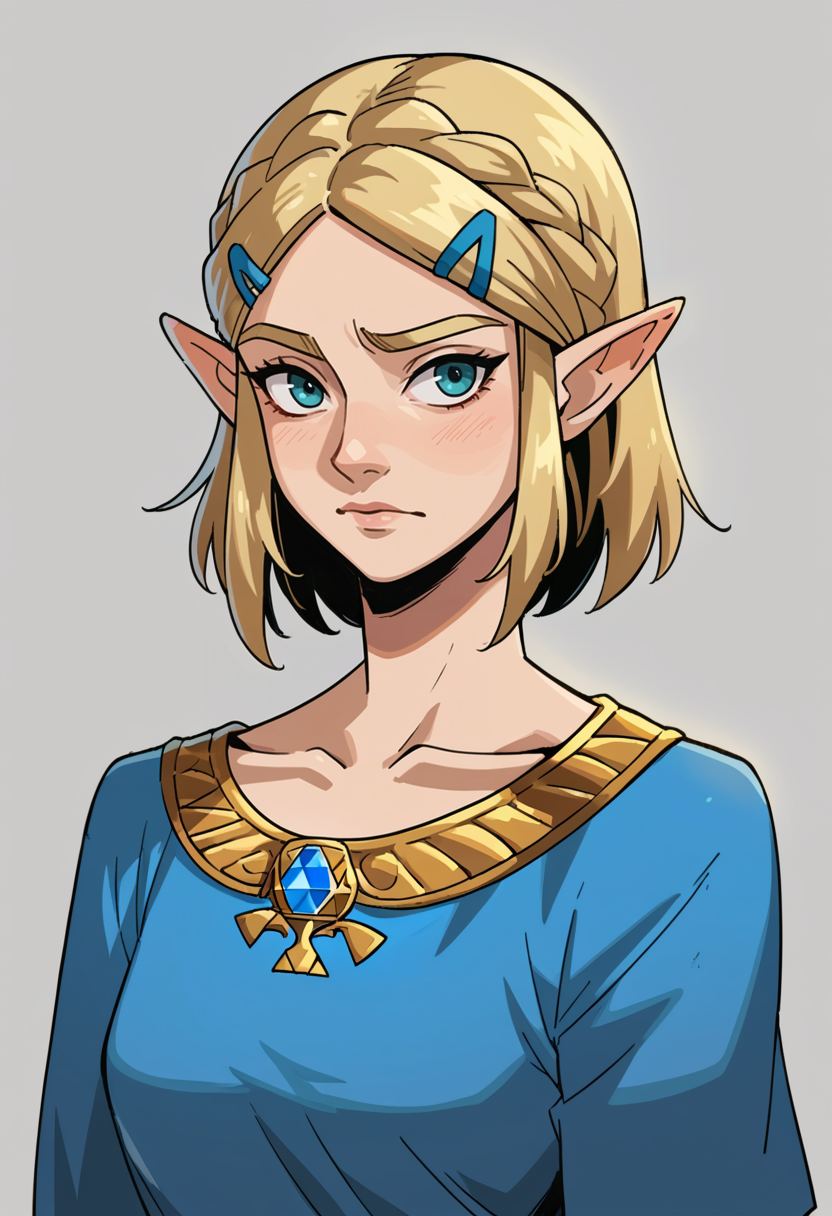 score_9, score_8_up, score_7_up, BREAK <lora:hades-guy-PONYv1:1>, 1girl, solo, princess zelda, portrait, grey background, glowing, blonde hair, blue shirt, medium hair, shadow