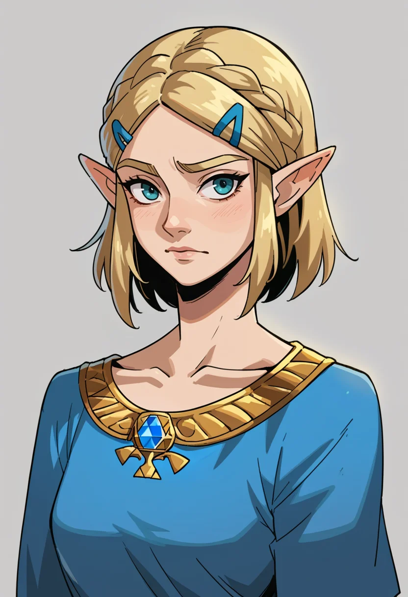 score_9, score_8_up, score_7_up, BREAK <lora:hades-guy-PONYv1:1>, 1girl, solo, princess zelda, portrait, grey background, glowing, blonde hair, blue shirt, medium hair, shadow