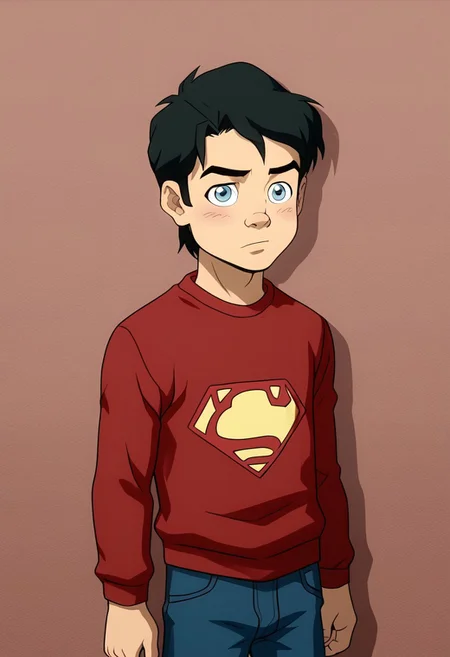 High Quality,  Billy batson,  solo, 1boy, black hair, blue eyes, red tshirt, bluejeans, young, small body.