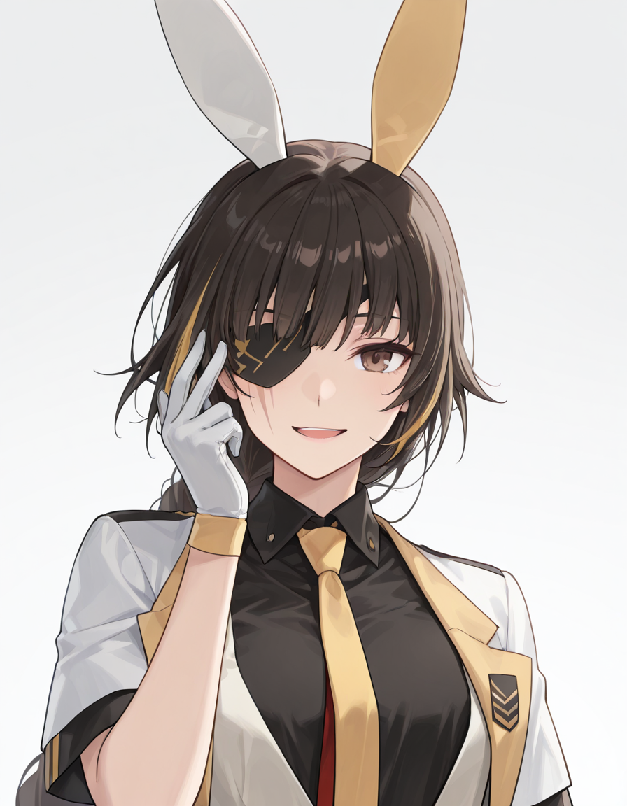 Volumetric Lighting, (masterpiece), (best quality), (ultra-detailed), masterpiece, source_anime, score_9, score_8_up, score_7_up BREAK, illustration, disheveled hair, detailed eyes, perfect composition, moist skin, intricate details, detailed eyes, detailed face, detailed fingers BREAK, brown eyes, long braid, single braid, black hair, blonde hair, streaked hair,scar across eye BREAK, OneEyedRabbitKnight,ORK_black_shirt, ORK_white_shirt, open shirt, ORK_bow, ORK_belt, ORK_vest, ORK_necktie, ORK_gloves, def_eyepatch, ORK_fake_rabbit_ears, BREAK, (((simple background, white background))), standing, looking at viewer,upper body,smile, face focused, hand up, open mouth
