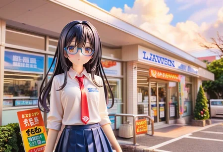score_9, score_8_up, score_7_up, rating_safe, masterpiece, best quality, absurdres, unity 8k wallpaper, official art, official style, source_anime, uncensored, game cg, megami magazine,
1girl, solo, glasses, black hair, long hair, collared shirt, red necktie, pleated skirt, blue skirt, looking at viewer, blush, upper body,
lawson, konbini, scenery, storefront, scenery, shop, sky, cloud, outdoors, day, real world location, blue sky, building, road, sign, city, tree
<lora:lawson_storefront_PONY_V1:1>