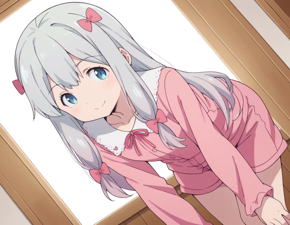 score_9, score_8_up, score_7_up, source_anime,
sagiriizumi, <lora:sagiri-izumi-s1-ponyxl-lora-nochekaiser:1>,
sagiri izumi, long hair, blue eyes, bow, hair bow, grey hair, pink bow,
ribbon, shorts, pink shirt, pajamas, pink shorts,
indoors, bent over, smile,
solo, looking at viewer, cowboy shot, dutch angle,